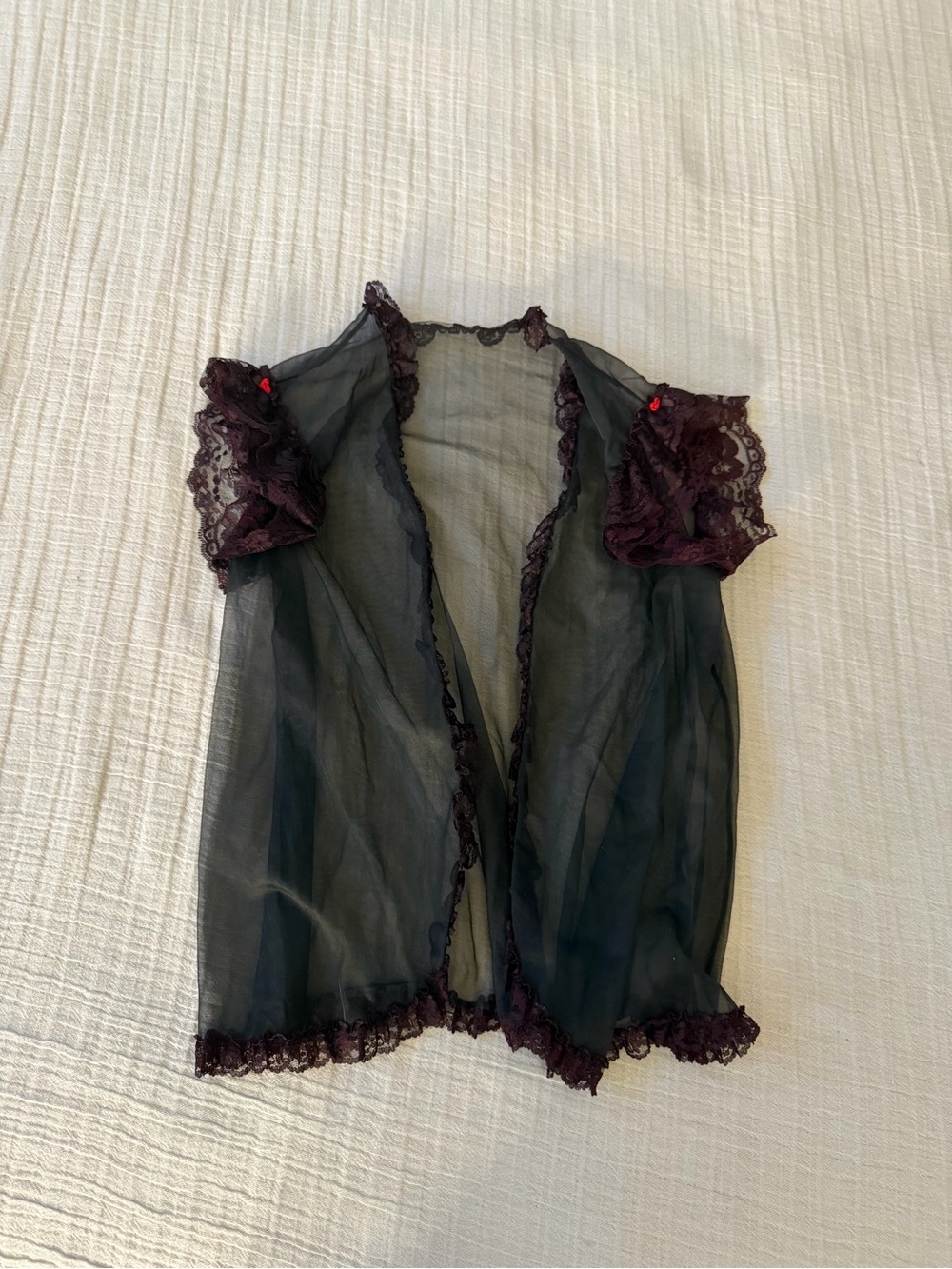 Source Unknown Sheer Black Short Robe with Burgundy Lace Trim